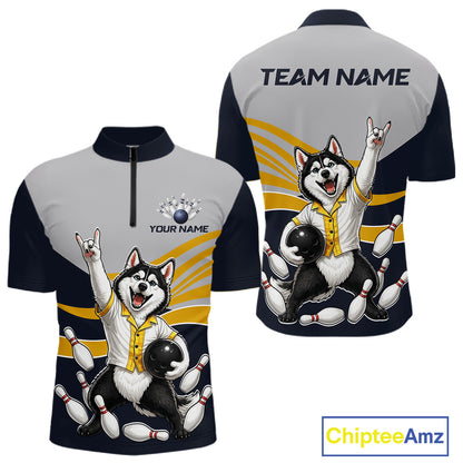 Bowling jersey with husky design, customizable text on a white background