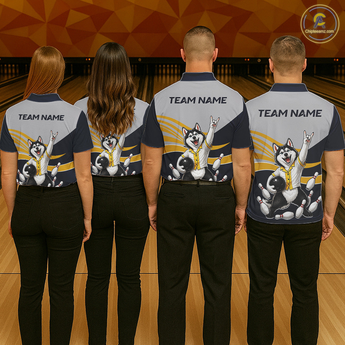 Four people wearing bowling shirts with a team logo and text on a bowling alley background