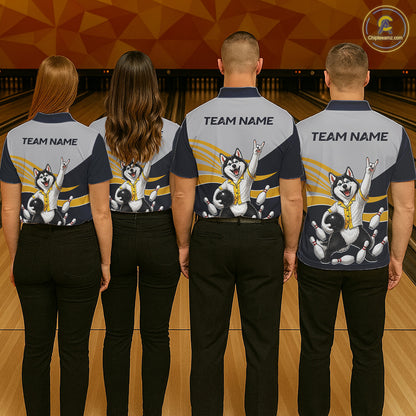 Four people wearing bowling shirts with a team logo and text on a bowling alley background