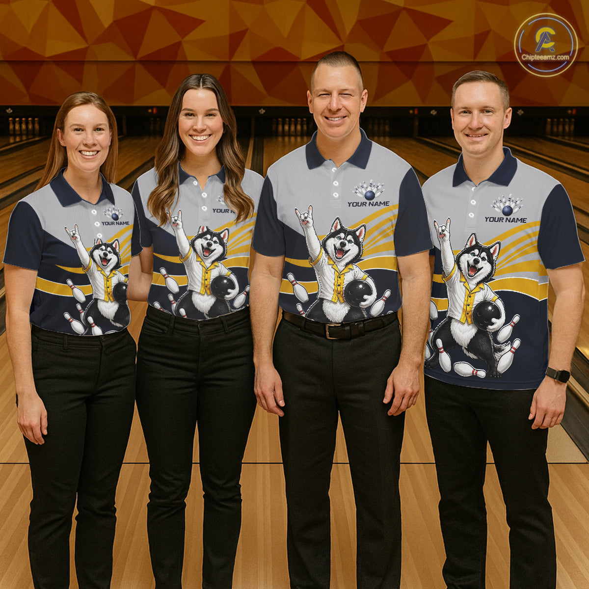 Four people wearing matching bowling shirts with a husky design in a bowling alley.