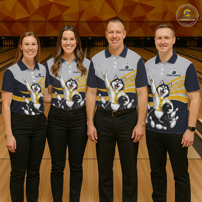 Four people wearing matching bowling shirts with a husky design in a bowling alley.