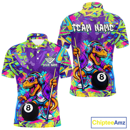 Colorful polo with a dinosaur design playing pool, featuring 'Team Name' text on a white background.