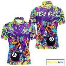 Load image into Gallery viewer, Colorful polo with a dinosaur design playing pool, featuring 'Team Name' text on a white background.