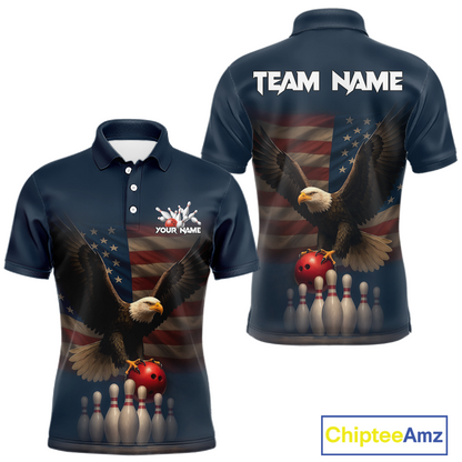 Front and back view custom navy patriotic bowling polo shirt featuring a bald eagle, American flag, bowling ball and bowling pins, displaying Your Name and Team Name