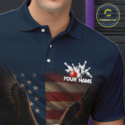 Close-up front view of custom navy patriotic bowling polo shirt showing Your Name, bald eagle graphic and American flag design