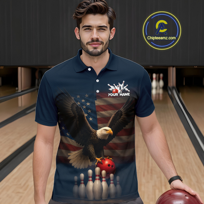 Male model wearing custom navy patriotic bowling polo shirt front view featuring a bald eagle, American flag and bowling pins, displaying Your Name, at the bowling alley