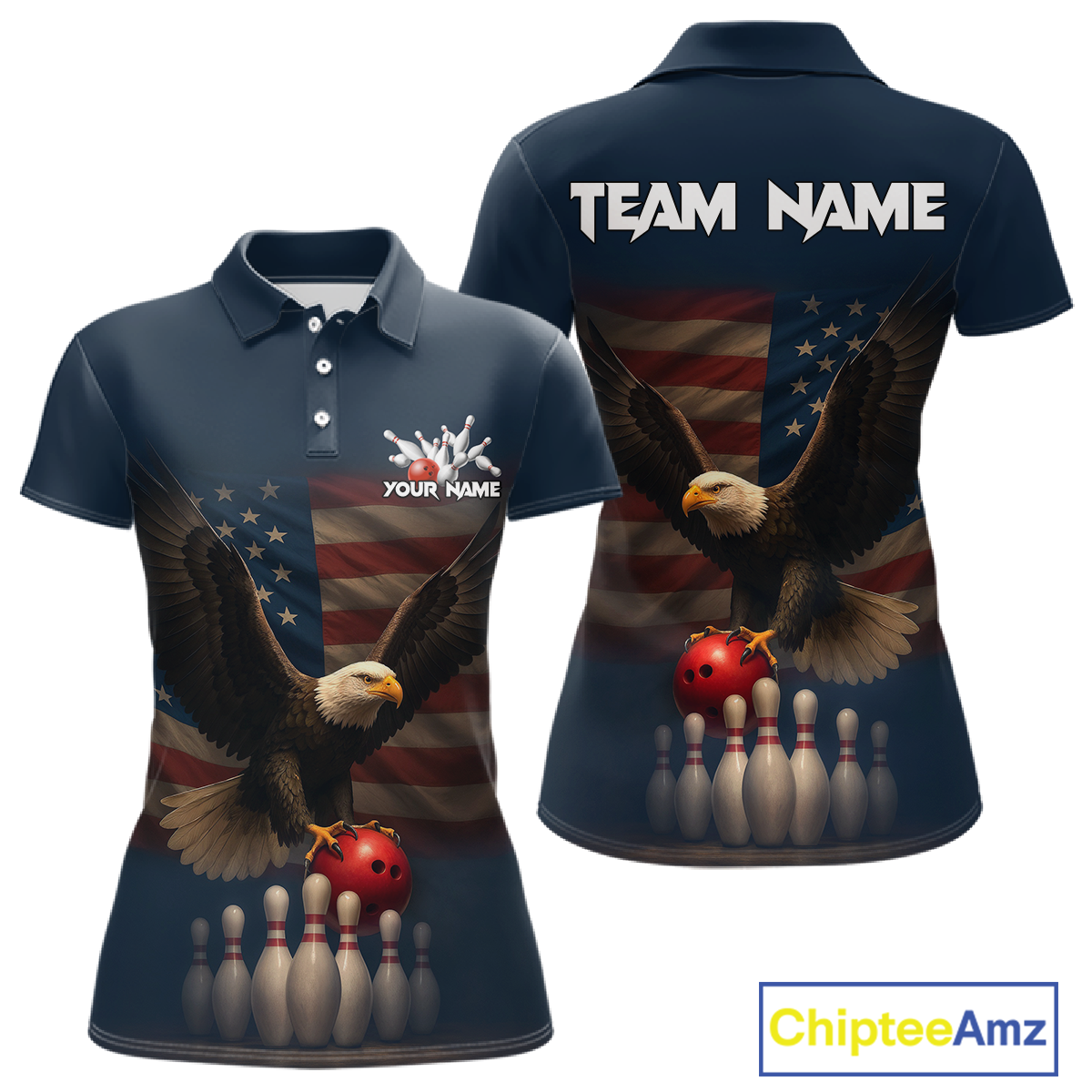 Front and back view custom navy patriotic bowling polo shirt featuring a bald eagle, American flag, bowling ball and bowling pins, displaying Your Name and Team Name