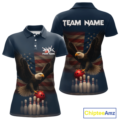 Front and back view custom navy patriotic bowling polo shirt featuring a bald eagle, American flag, bowling ball and bowling pins, displaying Your Name and Team Name