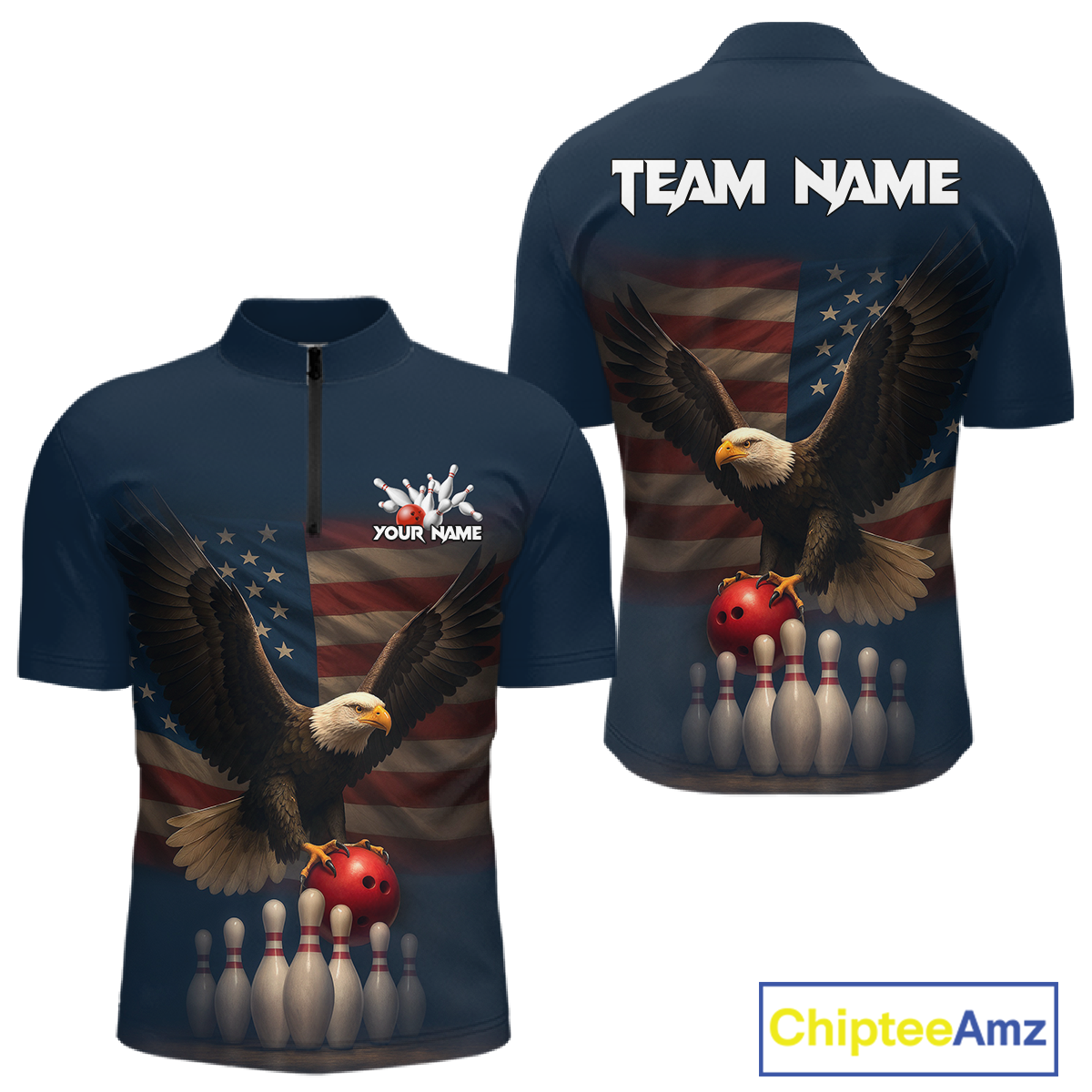 Front and back view custom navy patriotic bowling quarter-zip shirt featuring a bald eagle, American flag, bowling ball and bowling pins, displaying Your Name and Team Name