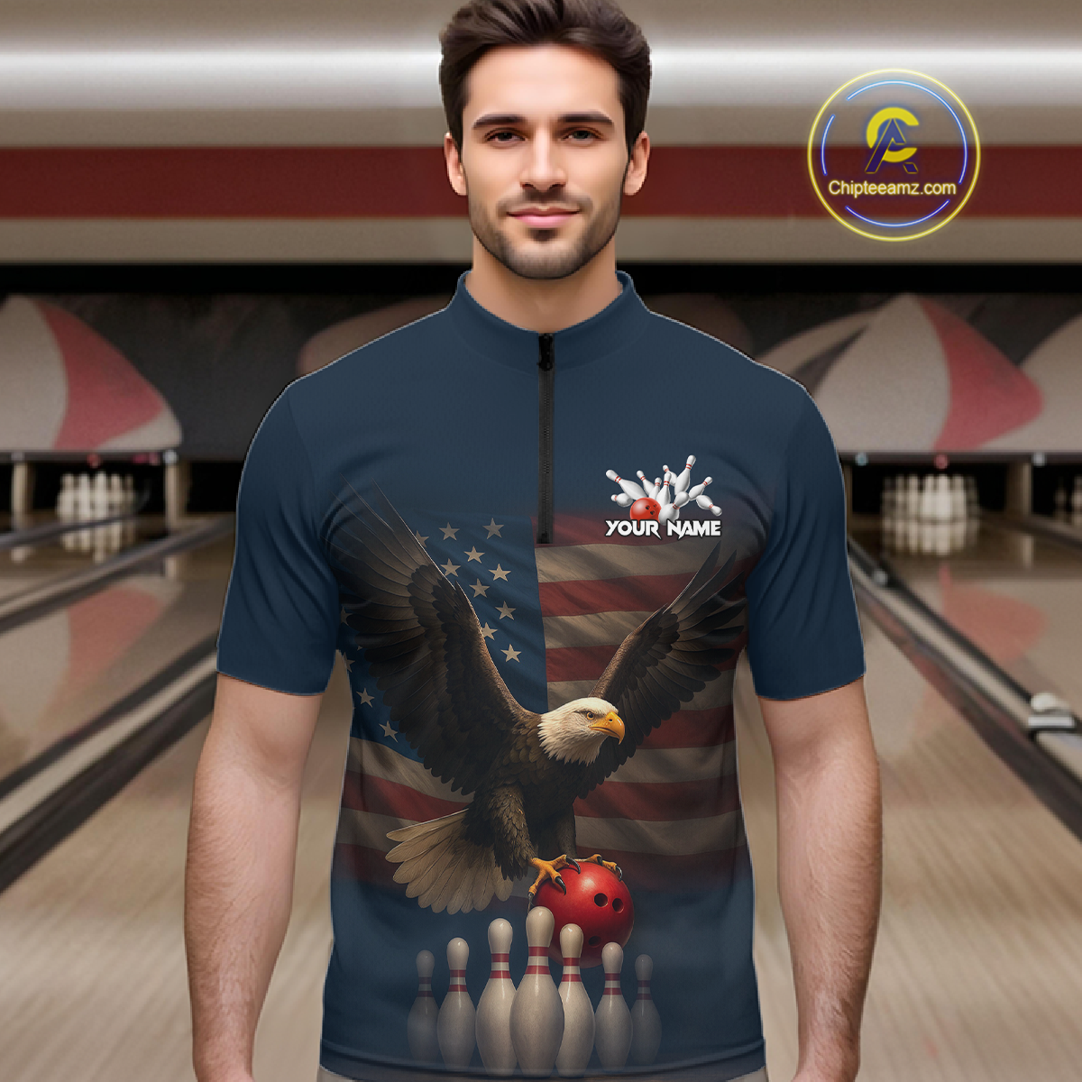 Man wearing custom navy patriotic bowling quarter-zip shirt front view featuring a bald eagle, American flag and bowling pins, displaying Your Name, at the bowling alley
