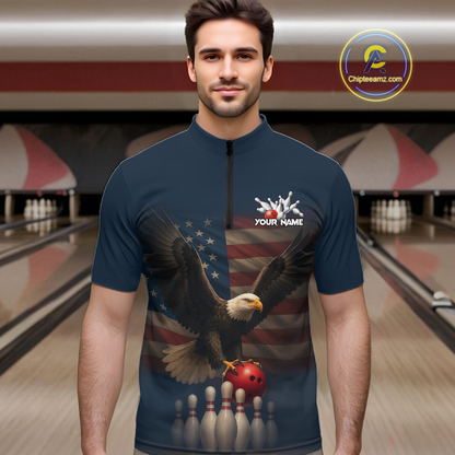 Man wearing custom navy patriotic bowling quarter-zip shirt front view featuring a bald eagle, American flag and bowling pins, displaying Your Name, at the bowling alley