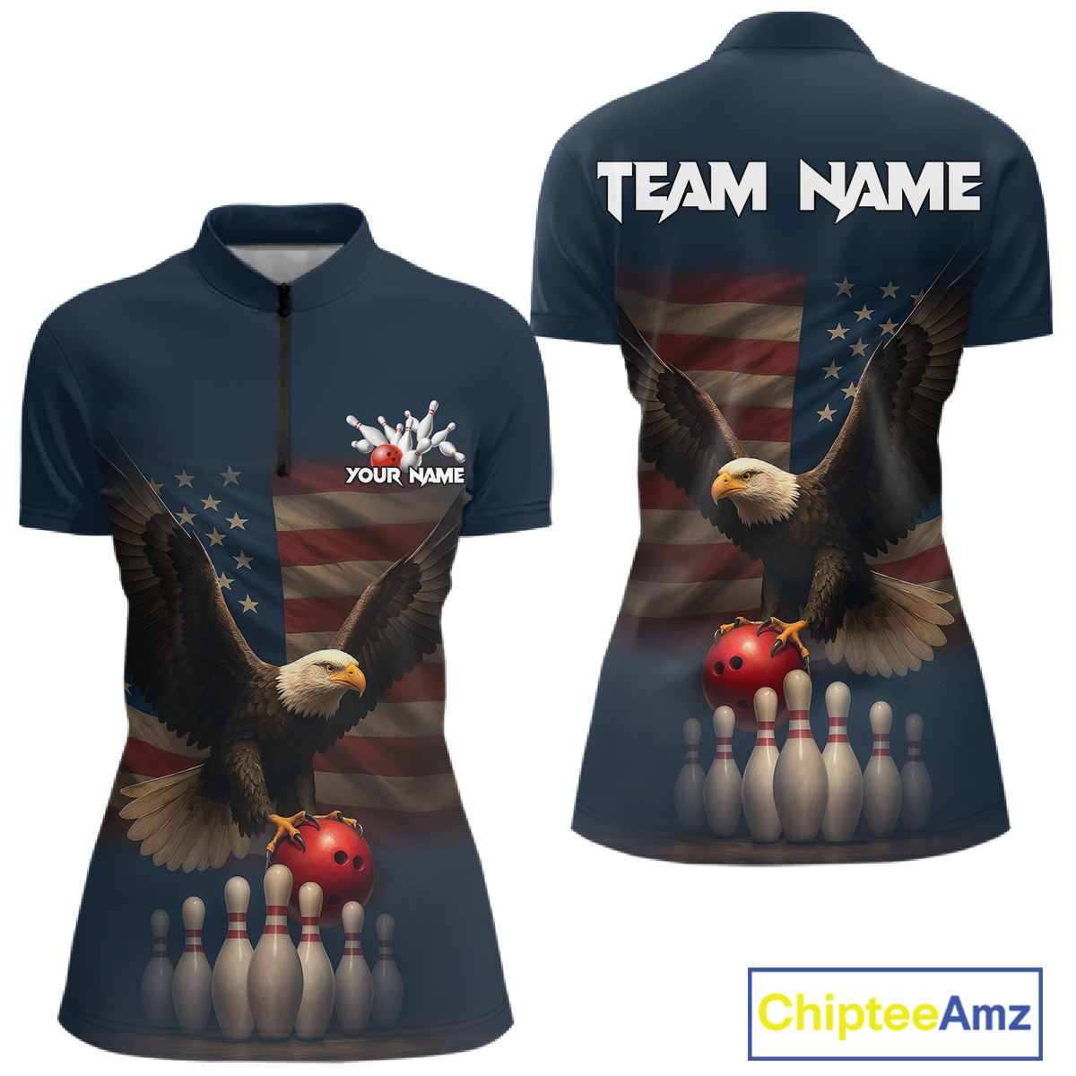Front and back view custom navy patriotic bowling quarter-zip shirt featuring a bald eagle, American flag, bowling ball and bowling pins, displaying Your Name and Team Name