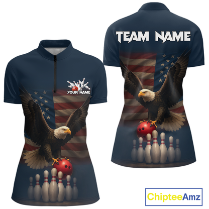 Front and back view custom navy patriotic bowling quarter-zip shirt featuring a bald eagle, American flag, bowling ball and bowling pins, displaying Your Name and Team Name