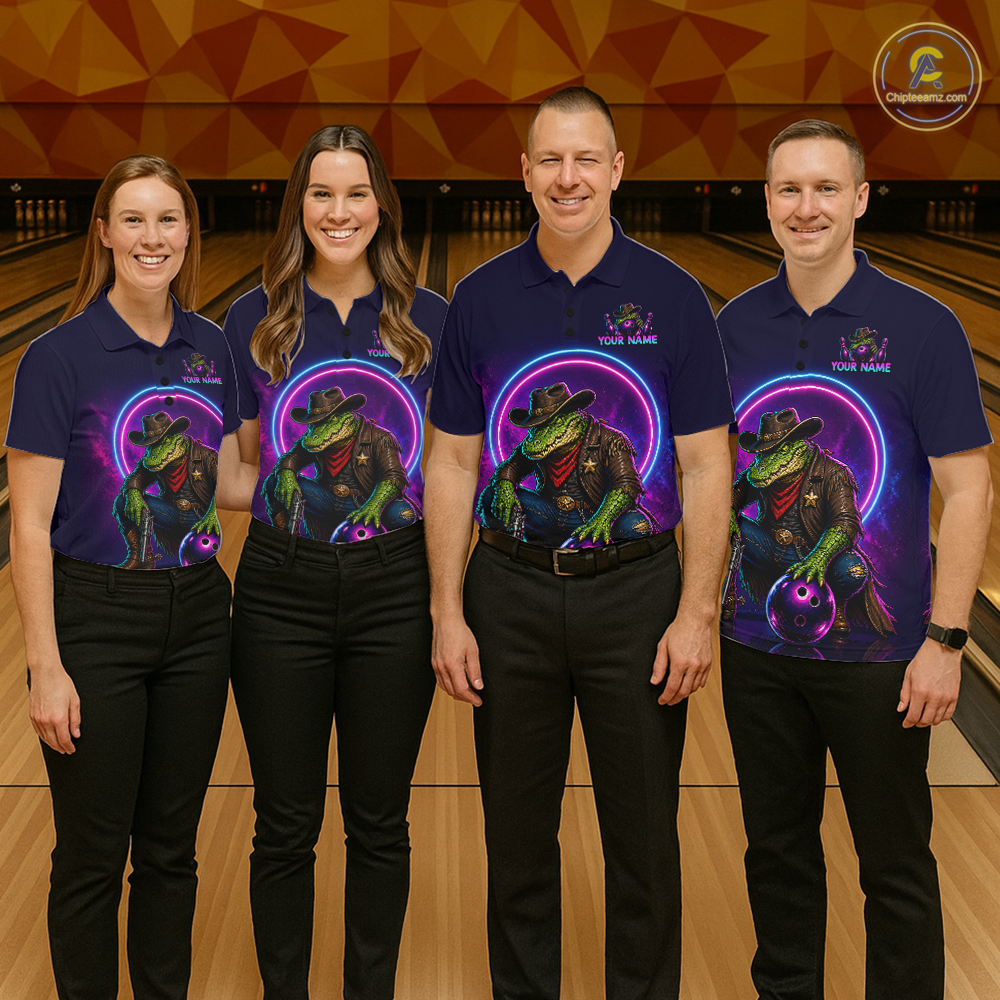 Custom Neon Cowboy Alliagator Bowling Shirt for Men Bowling Team Jersey Polo & Quarter-Zip Bowling Outfit QZT1013