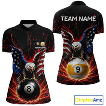 Load image into Gallery viewer, Front and back view of  jersey with eagle design holding pool balls, front and back views, on a white background.