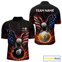 Load image into Gallery viewer, American flag quarter-zip jersey with eagle design and pool balls, customizable text on a white background