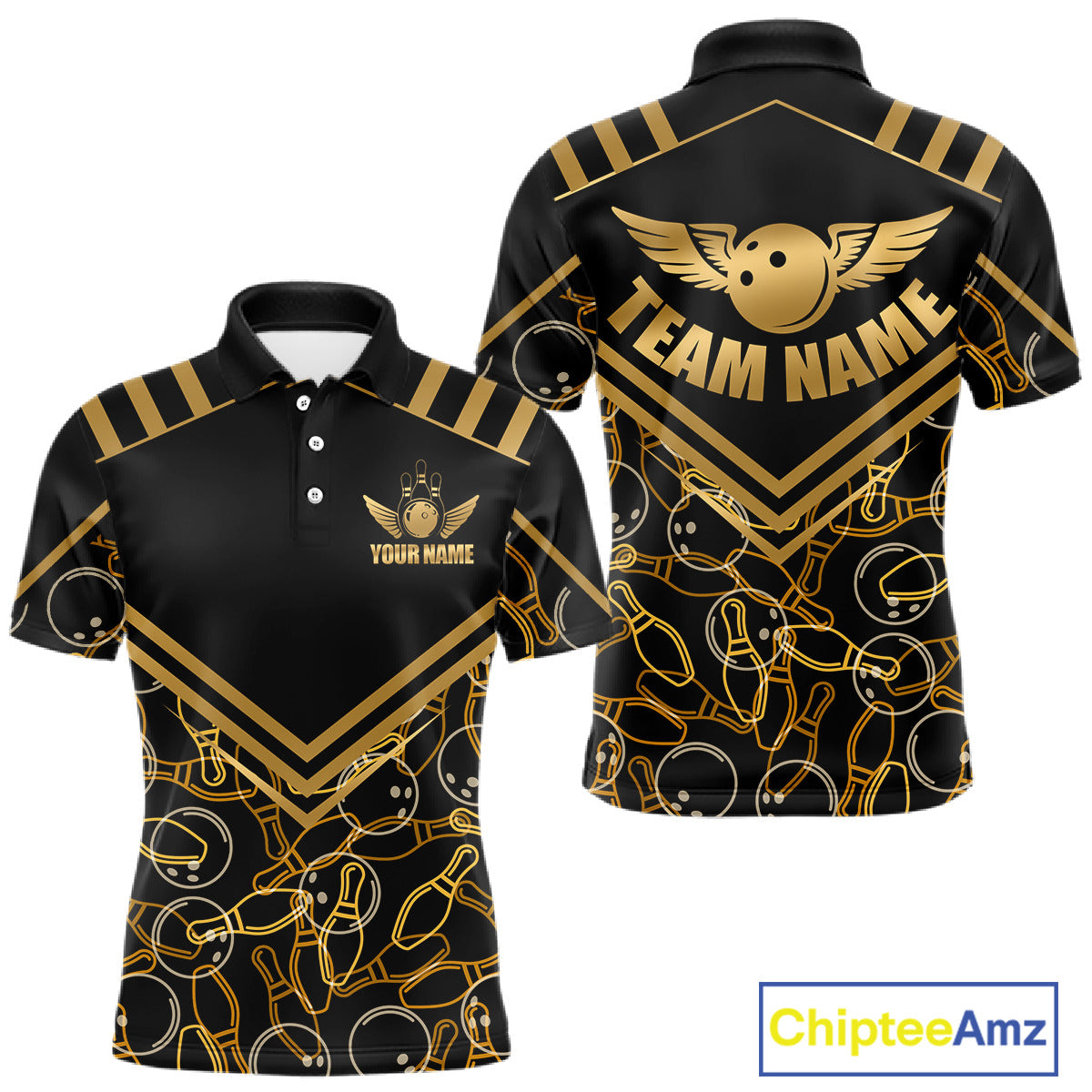 Front and back view custom black gold bowling polo shirt featuring a golden bowling ball with wings, bowling pins and geometric line pattern, personalized with team name and player name
