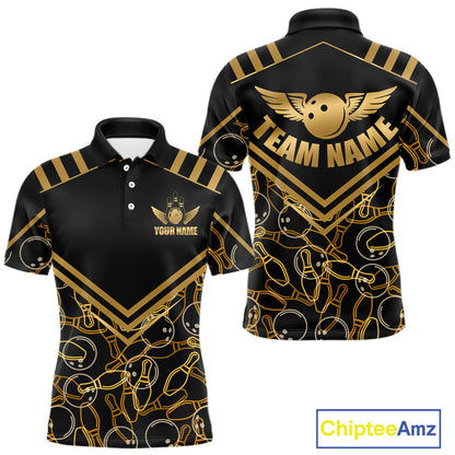 Front and back view custom black gold bowling polo shirt featuring a golden bowling ball with wings, bowling pins and geometric line pattern, personalized with team name and player name