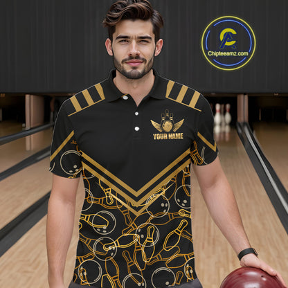 Male model wearing a custom black gold bowling polo shirt front view featuring a golden winged bowling ball emblem, geometric line pattern and premium black gold design at the bowling alley