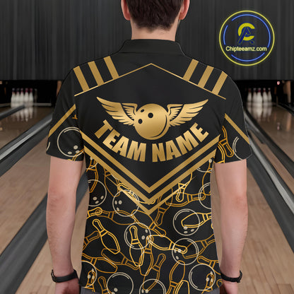 Male model wearing a custom black gold bowling polo shirt back view displaying the personalized team name above a golden winged bowling ball graphic at the bowling alley