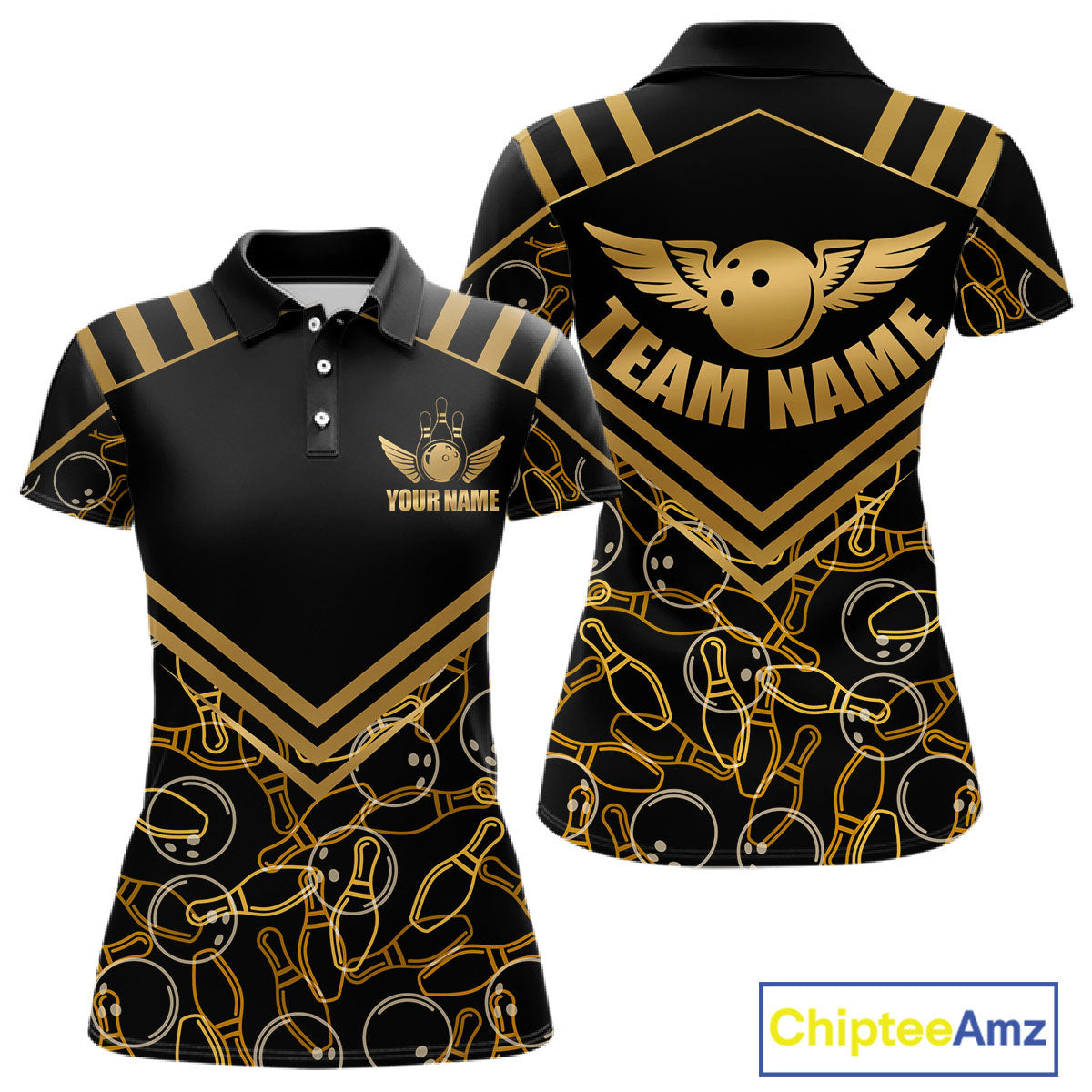 Front and back view custom black gold bowling polo shirt featuring a golden bowling ball with wings, bowling pins and geometric line pattern, personalized with team name and player name