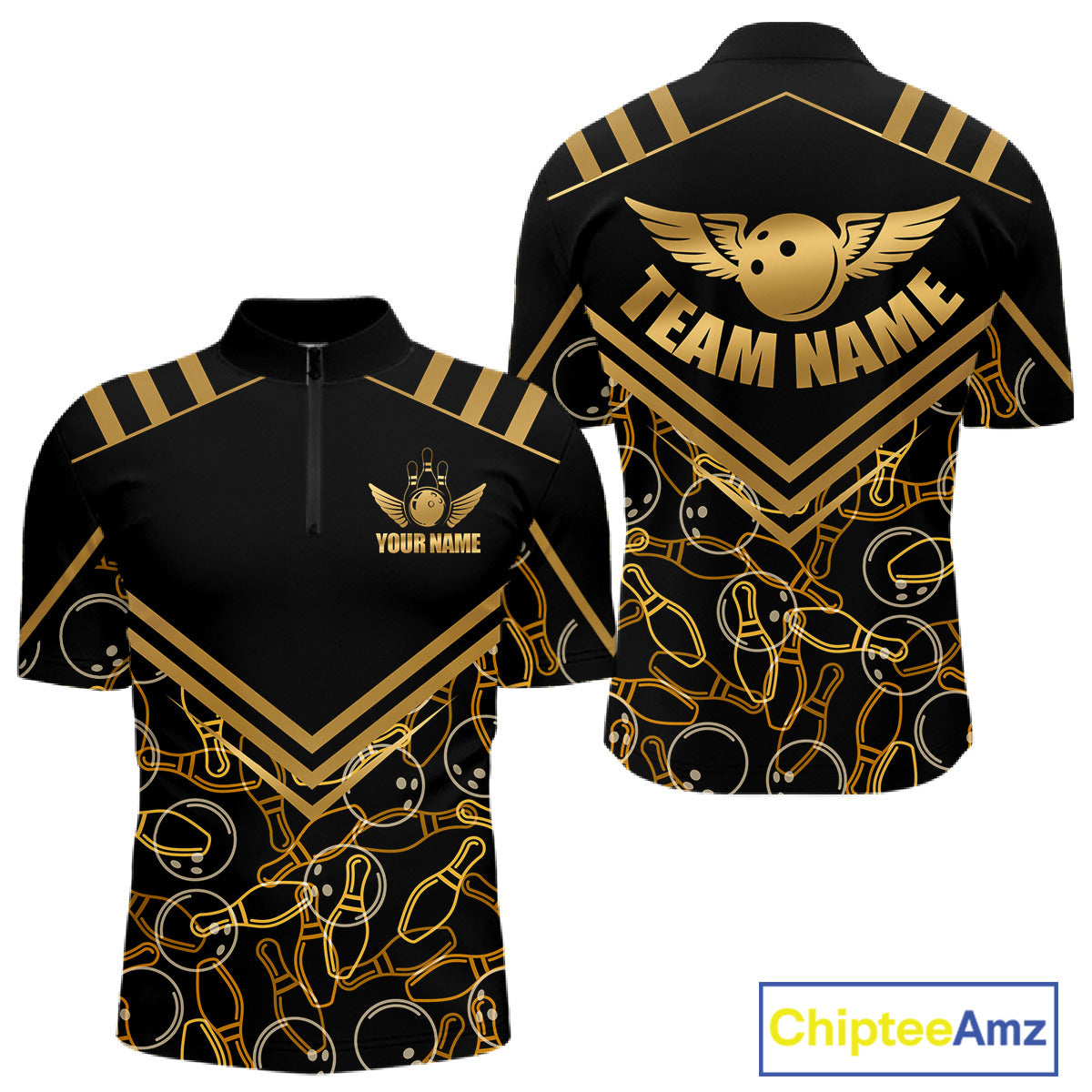 Front and back view custom black gold bowling quarter-zip shirt featuring a golden bowling ball with wings, bowling pins and geometric line design, personalized with team name and player name