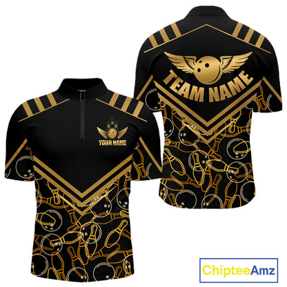 Front and back view custom black gold bowling quarter-zip shirt featuring a golden bowling ball with wings, bowling pins and geometric line design, personalized with team name and player name