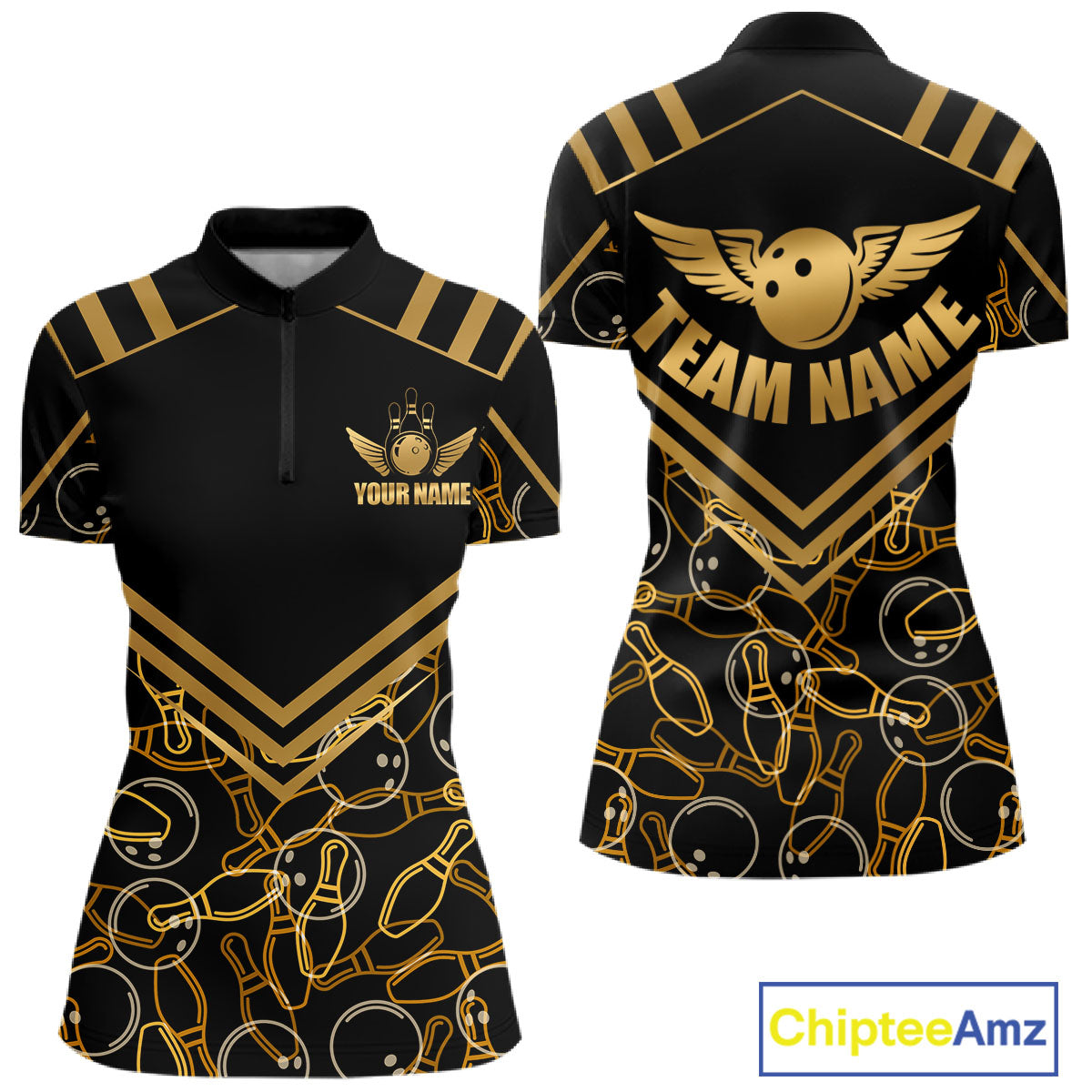 Front and back view custom black gold bowling quarter-zip shirt featuring a golden bowling ball with wings, bowling pins and geometric line design, personalized with team name and player name