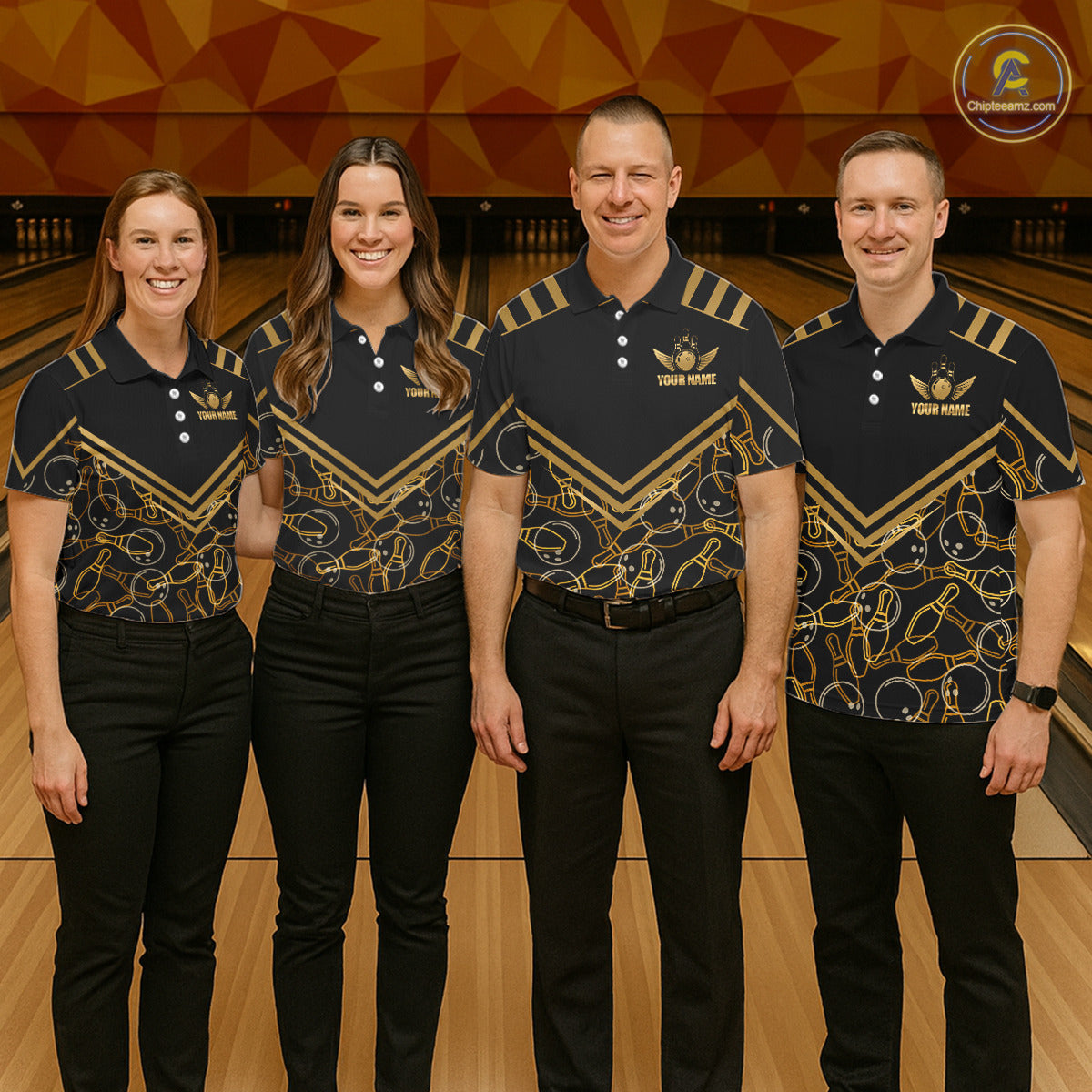 Group of four wearing custom black gold bowling shirts front view featuring golden winged bowling ball artwork with geometric line pattern at the bowling alley