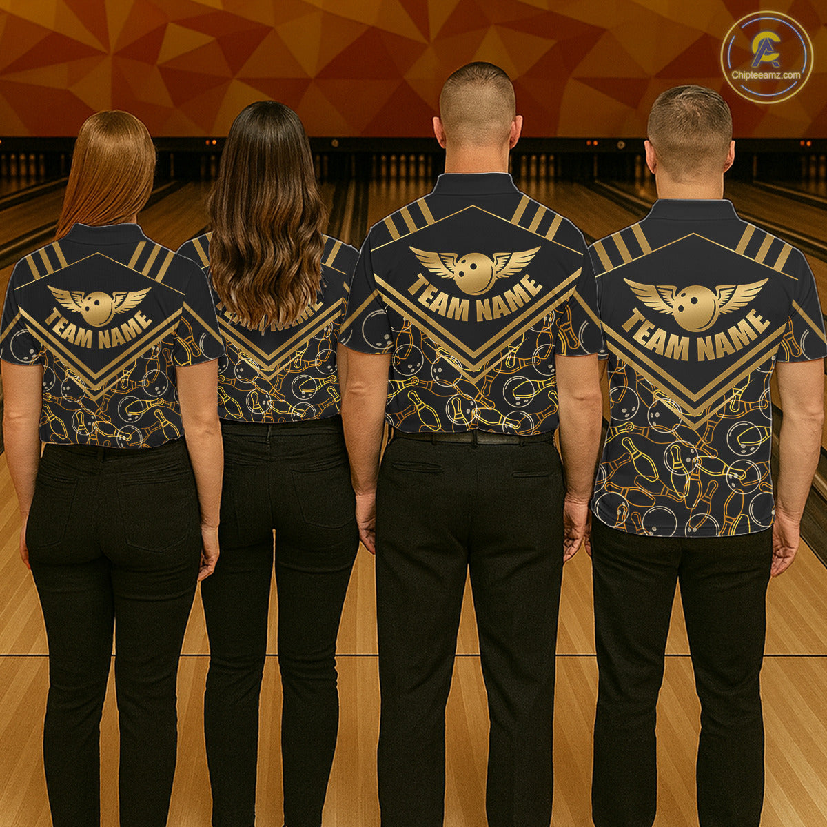 Group of four wearing custom black gold bowling shirts back view displaying personalized team names above golden winged bowling ball artwork on a black gold geometric pattern background at the bowling alley
