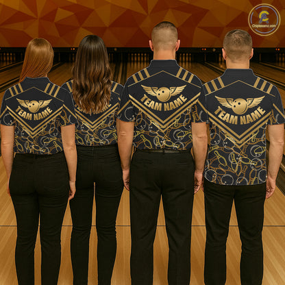 Group of four wearing custom black gold bowling shirts back view displaying personalized team names above golden winged bowling ball artwork on a black gold geometric pattern background at the bowling alley