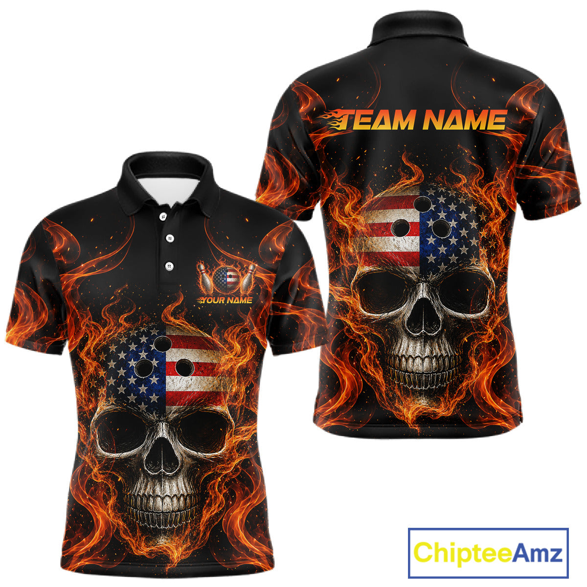 Two views of polo shirt with skull design, American flag, and flames on a black background, featuring 'Chiptee Amz' branding.