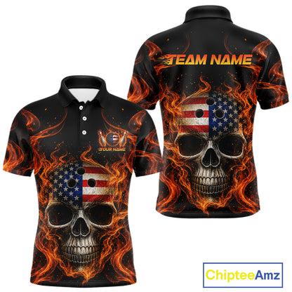Two views of polo shirt with skull design, American flag, and flames on a black background, featuring 'Chiptee Amz' branding.