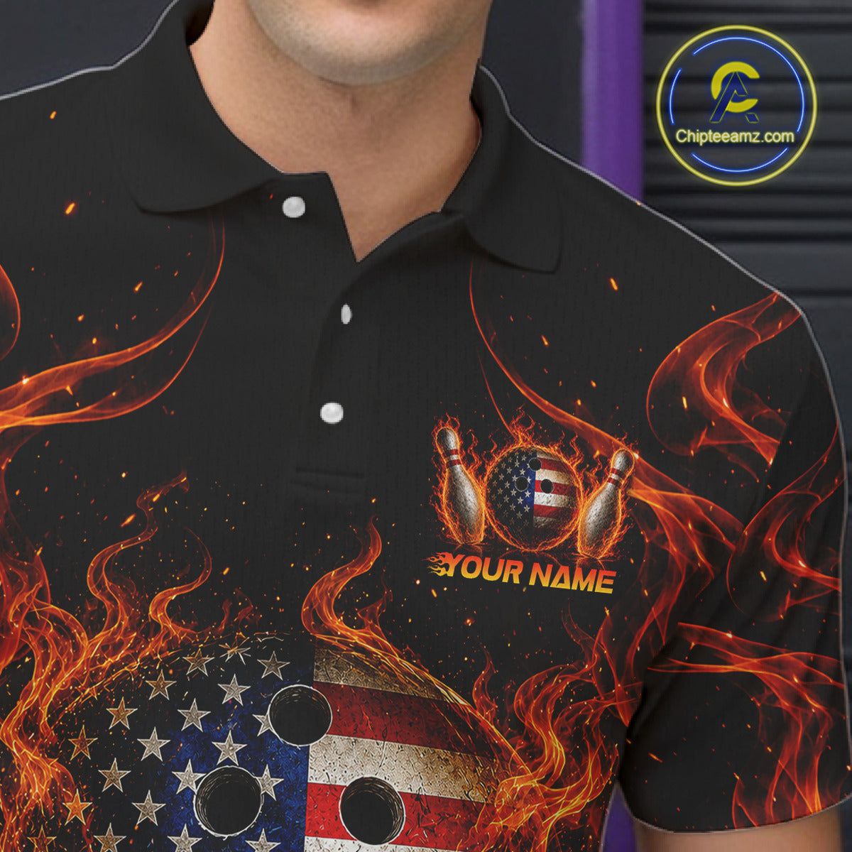 Black polo shirt with fiery design and American flag, featuring a customizable name text overlay.