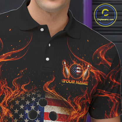 Black polo shirt with fiery design and American flag, featuring a customizable name text overlay.