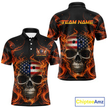 Load image into Gallery viewer, Two views of polo shirt with skull design, American flag, and flames on a black background, featuring 'Chiptee Amz' branding.