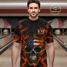 Load image into Gallery viewer, Man wearing a black bowling shirt with a skull and flames design in a bowling alley.