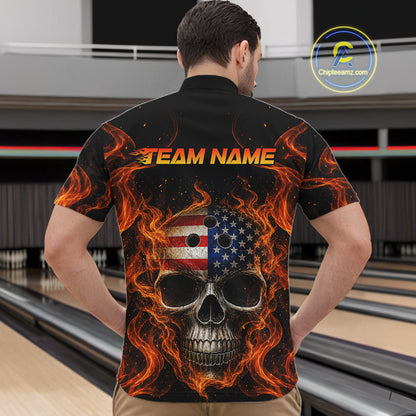 Man wearing a black shirt with a skull and American flag design, standing in a bowling alley.