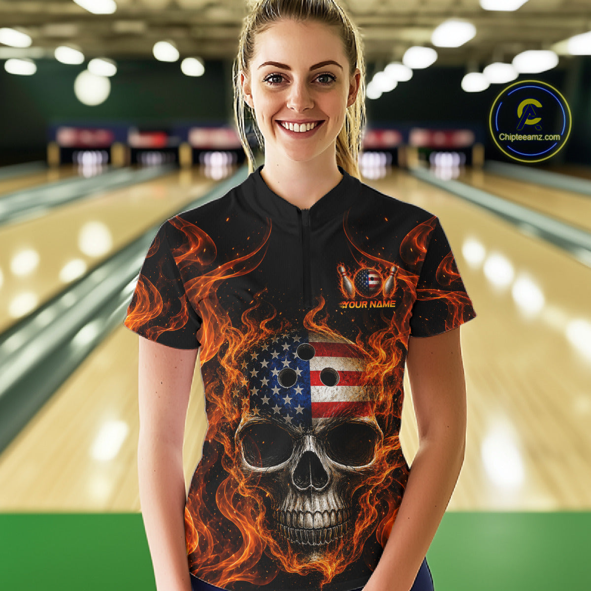 Person wearing a black shirt with a skull and American flag design in a bowling alley.