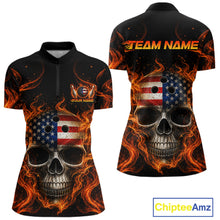 Load image into Gallery viewer, Two views of quarter-zip jersey with skull and American flag design, featuring flames on a white background.