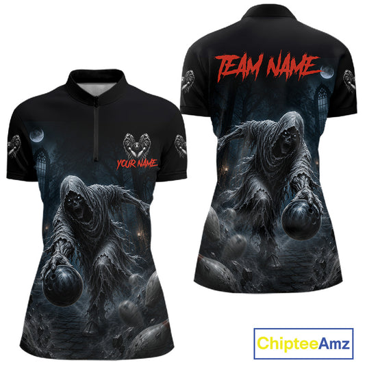 Front and back views of a black short-sleeve quarter-zip shirt featuring a dark gothic horror print of a hooded figure holding a ball, with red 'TEAM NAME' text on the back and customizable chest graphics.