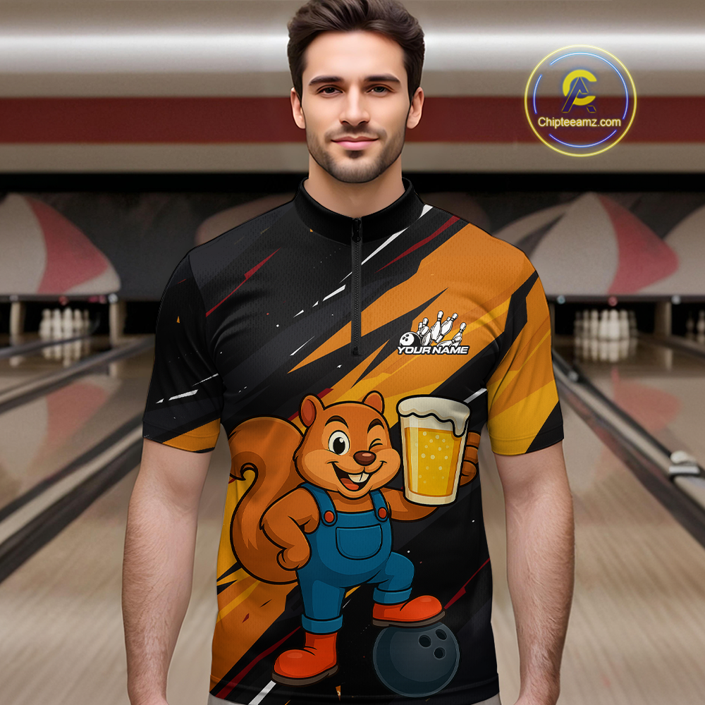 Funny Squirrel and Beer Bowling Team Shirt for Men Custom Bowling League Jersey Bowling Outfit QZT813