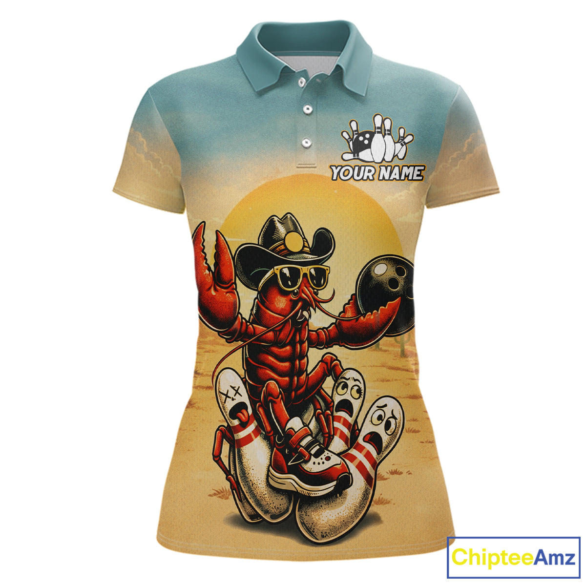 Polo shirt with a crawfish wearing a cowboy hat and sunglasses design, featuring the brand 'ChipteeAmz'.