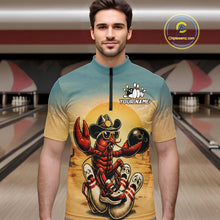 Load image into Gallery viewer, Man wearing a shirt with a crawfish bowling design in a bowling alley.