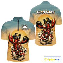 Load image into Gallery viewer, Two views of a shirt with a crawfish bowling design and 'Chiptee Amz' branding.