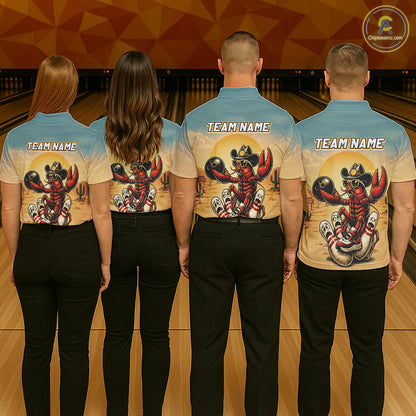 Four people wearing matching shirts with a team logo and text on a bowling alley background