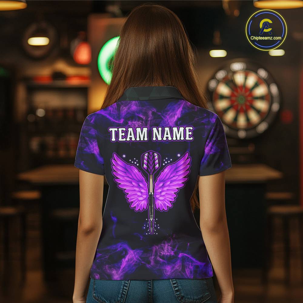 Custom Purple Flame Neon Dart Shirts Wings Dart Jersey Dartboard Shirt for Women DHT21