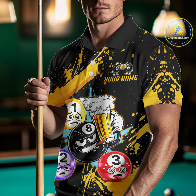 Custom Yellow Funny 8 Ball Pool Billiard Team Shirts for Men Billiard League Jersey Polo &1/4 Zip BHT2