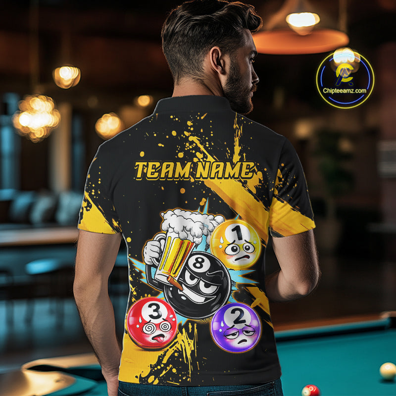 Custom Yellow Funny 8 Ball Pool Billiard Team Shirts for Men Billiard League Jersey Polo &1/4 Zip BHT2
