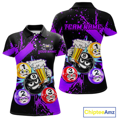 Custom Purple Funny 8 Ball Pool Billiard Team Shirts for Women Billiard League Jersey Polo &1/4 Zip BHT2